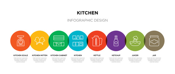 8 colorful kitchen outline icons set such as jar, juicer, ketchup, kettle, kitchen, kitchen cabinet, mitten, scale