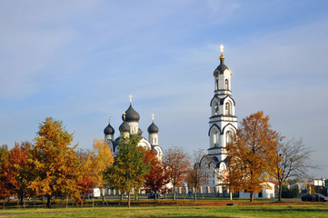 Orthodox Cathedral of St. Theodore of Tyrone in Pinsk, Republic of Belarus. General view on the background of the autumn city.