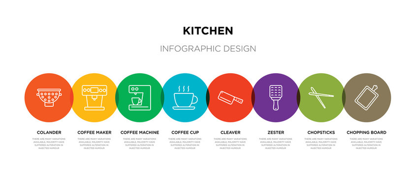 8 Colorful Kitchen Outline Icons Set Such As Chopping Board, Chopsticks, Zester, Cleaver, Coffee Cup, Coffee Machine, Coffee Maker, Colander