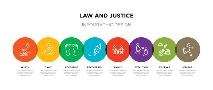 8 Colorful Law And Justice Outline Icons Set Such As Escape, Evidence, Execution, Family, Feather Pen, Footprint, Gavel, Guilty