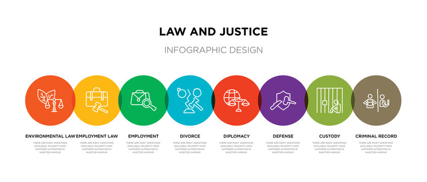 8 colorful law and justice outline icons set such as criminal record, custody, defense, diplomacy, divorce, employment, employment law, environmental law