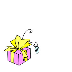 Gift, present box. Christmas, new year, birthday, other holiday. Simple color illustration for greeting cards, calendars, prints, children's book. Doodles, line art, hand drawn.