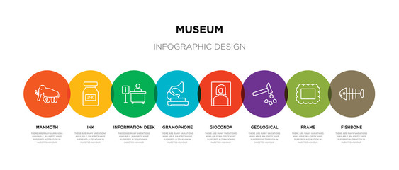 8 colorful museum outline icons set such as fishbone, frame, geological, gioconda, gramophone, information desk, ink, mammoth