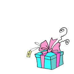 Gift, present box. Christmas, new year, birthday, other holiday. Simple color illustration for greeting cards, calendars, prints, children's book. Doodles, line art, hand drawn.