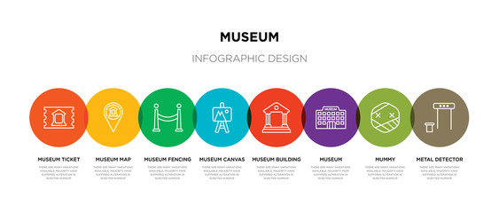 8 colorful museum outline icons set such as metal detector, mummy, museum, museum building, canvas, fencing, map, ticket