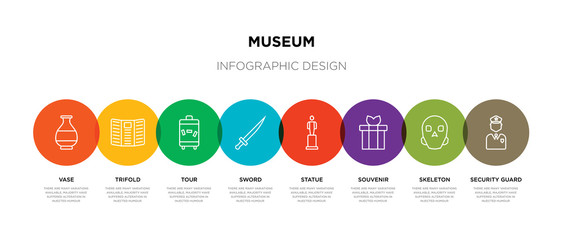 8 colorful museum outline icons set such as security guard, skeleton, souvenir, statue, sword, tour, trifold, vase