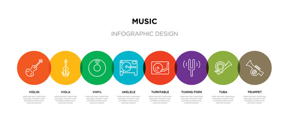 8 colorful music outline icons set such as trumpet, tuba, tuning fork, turntable, ukelele, vinyl, viola, violin - obrazy, fototapety, plakaty