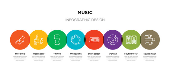8 colorful music outline icons set such as sound mixer, sound system, speaker, synthesizer, tambourine, timpani, treble clef, trombone