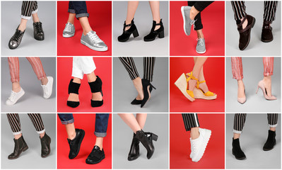 Collage of women wearing different stylish shoes on color backgrounds, closeup
