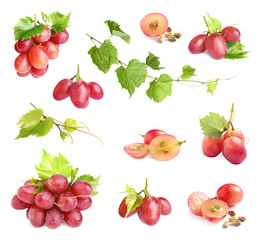 Set of fresh ripe grapes and leaves on\ white background