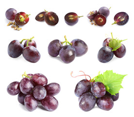 Set of fresh ripe grapes on white background