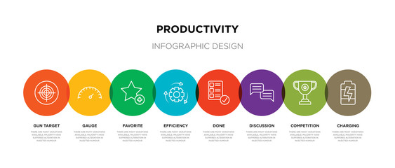 8 colorful productivity outline icons set such as charging, competition, discussion, done, efficiency, favorite, gauge, gun target