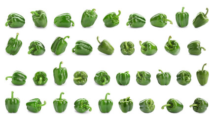 Set of fresh green bell peppers on white background