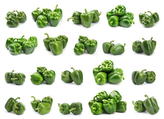 Set of fresh green bell peppers on white background