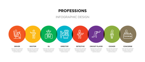 8 colorful professions outline icons set such as concierge, cooker, cricket player, detective, director, dj, doctor, driver