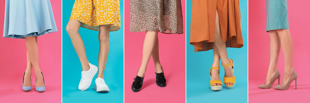Collage of women wearing different stylish shoes on color backgrounds, closeup