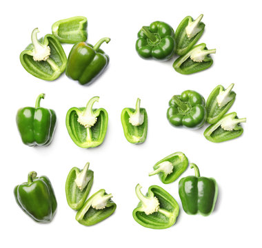 Set Of Fresh Green Bell Peppers On White Background, Top View