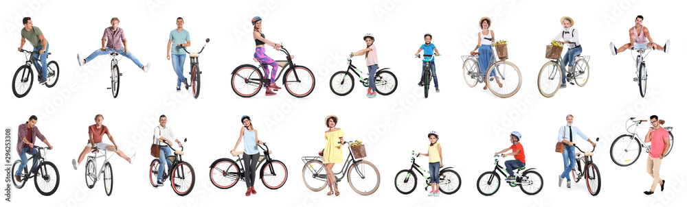 Poster Collage of people with bicycles on white background