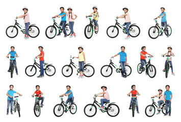 Collage of children with bicycles on white background