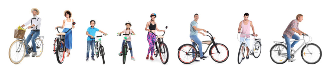 Obraz premium Collage of people with bicycles on white background