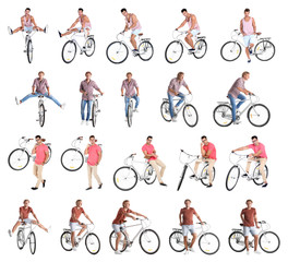 Collage of young men with bicycles on white background