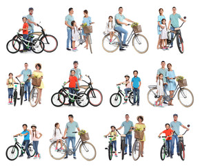 Collage of people with bicycles on white background