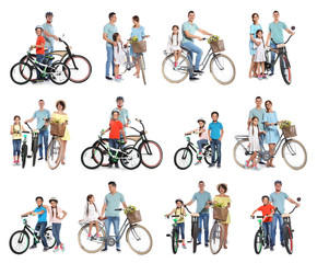 Obraz premium Collage of people with bicycles on white background