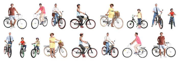 Collage of people with bicycles on white background
