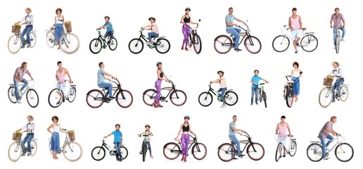 Collage of people with bicycles on white background