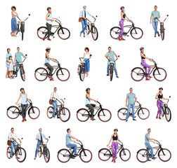 Collage of people with bicycles on white background