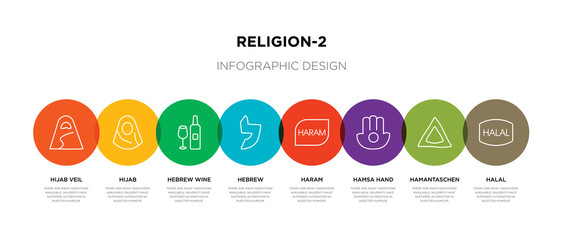 8 colorful religion-2 outline icons set such as halal, hamantaschen, hamsa hand, haram, hebrew, hebrew wine, hijab, hijab veil