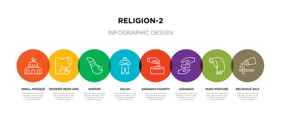 8 colorful religion-2 outline icons set such as religious salt, ruku posture, sadaqah, sadaqah charity, salah, shofar, shower head and water, small mosque