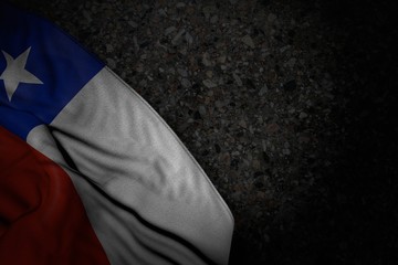 pretty dark illustration of Chile flag with big folds on dark asphalt with empty place for your text - any occasion flag 3d illustration..