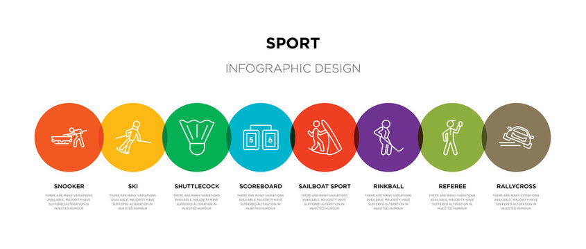 8 colorful sport outline icons set such as rallycross, referee, rinkball, sailboat sport, scoreboard, shuttlecock, ski, snooker