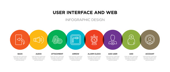 8 colorful user interface and web outline icons set such as account, add, add user, alarm clock, arrow, attachment, audio, back