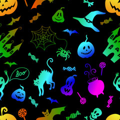 Naklejka premium Halloween decoration seamless pattern: pumpkin jack lantern, bat, spider and cobweb, witch hat, ghost, creepy castle, black cat, cauldron with potion, skull and crossbones.