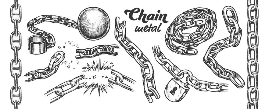 Iron Chain Monochrome Set Vector. Assortment Of Heavy Metallic Chain. Steel Tool With Ball And Padlock Engraving Concept Template Hand Drawn In Vintage Style Monochrome Illustrations