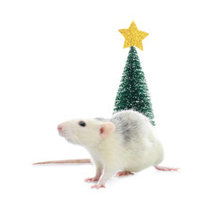Fototapeta na wymiar Cute little rat near decorative Christmas tree on white background. Chinese New Year symbol