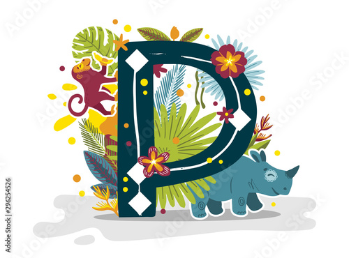 Tropical Exotic Letter P Animals Rhino And Monkey Flowers Cute Cartoon Flat Style Font Concept Illustration Isolated On White Background Vector Wall Mural Brandianna