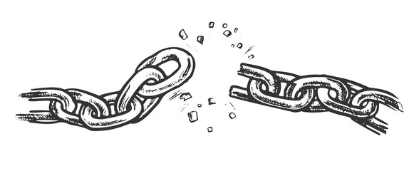 Broken Metallic Chain Freedom Concept Ink Vector. Breaking And Demolition Steel Chain. Disruption Strong Steel Engraving Template Hand Drawn In Vintage Style Black And White Illustration