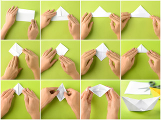 Woman making origami boat step by step