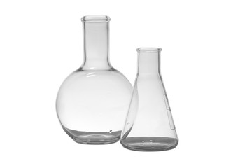 Empty Florence and conical flasks on white background. Laboratory glassware