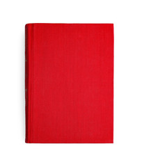 Book with blank red cover on white background, top view
