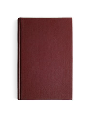 Book with blank brown cover on white background, top view