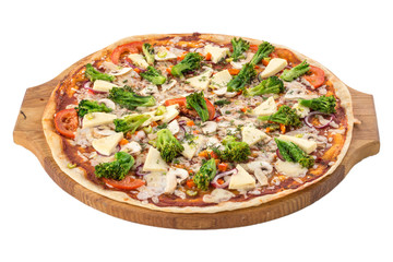 whole vegetarian pizza with Broccoli, Tomatoes and Mozzarella on wooden board isolated on white background