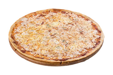 Quattro formaggio whole italian pizza with four sorts of cheese on wooden board isolated on white background