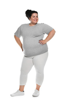 Happy Overweight Woman Posing On White Background