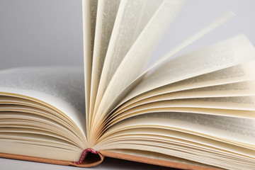 Closeup view of open book on light background
