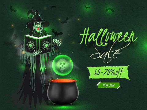 Halloween Sale banner or poster design with 60-70% discount offer and witch reading a magic potion book with cauldron on green lighting effect background.