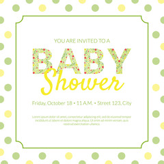 Baby Shower Invitation Card Template with Flowers Vector Illustration